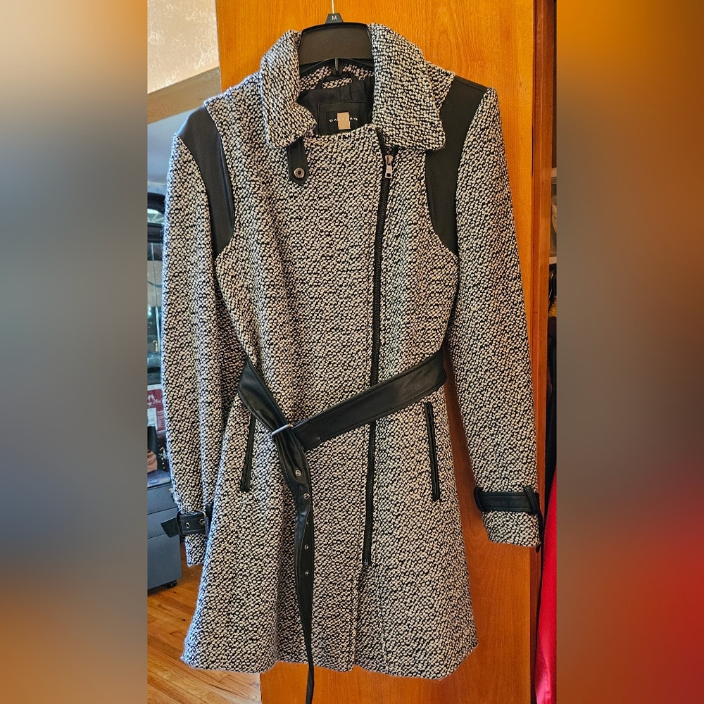 BRAND NEW Black and White Tweed Coat with Leather Accents